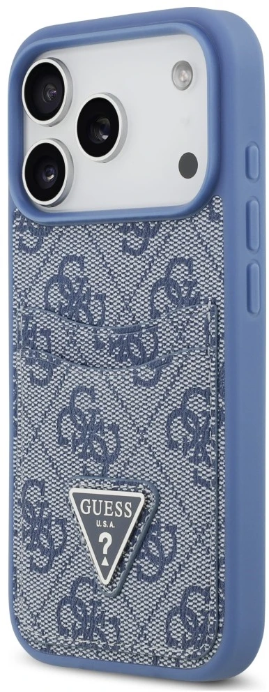 Dėklas Guess 4G Double Card Triangle, skirtas iPhone 18 Pro / 17 Pro, mėlynas