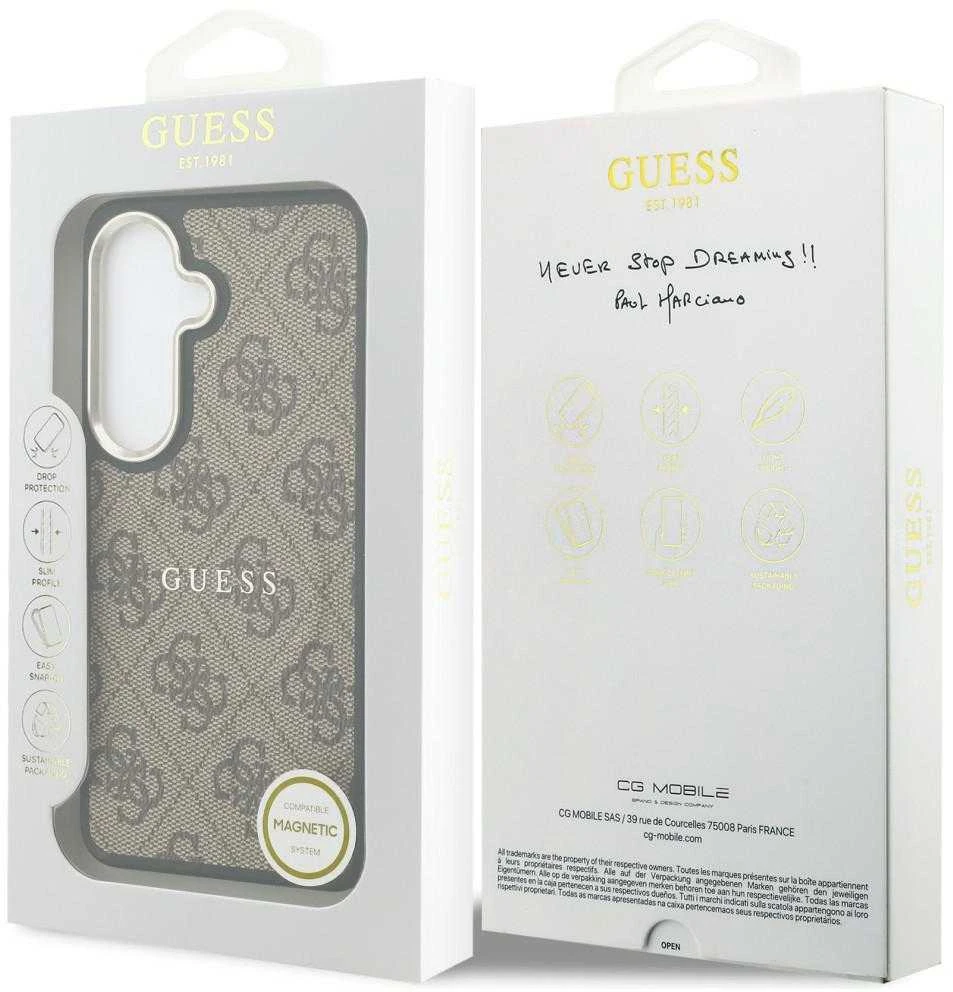 Guess PU Leather 4G Gold Frame Magnetic dėklas skirtas Samsung Galaxy S26 rudos spalvos