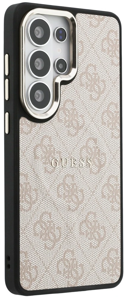 Guess PU odos 4G Gold Frame magnetinis dėklas, skirtas Samsung Galaxy S26 Ultra, rožinės spalvos