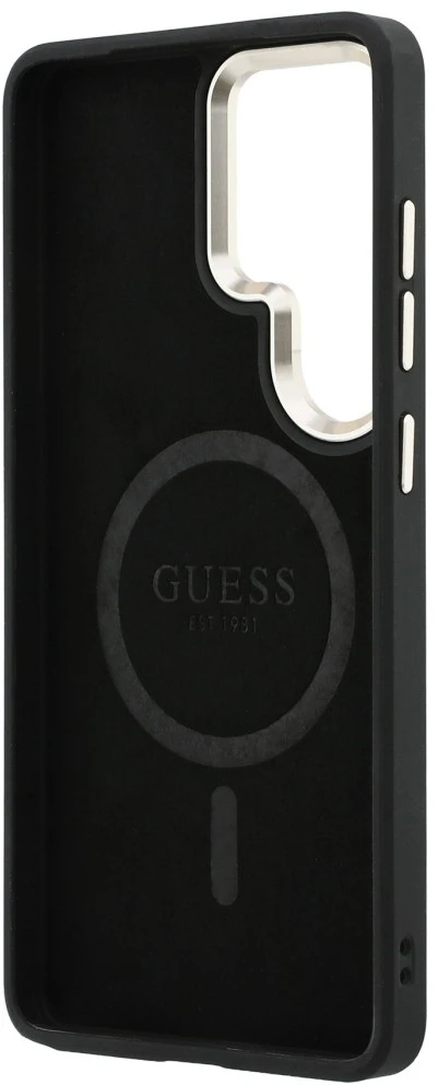 Guess PU odos 4G Gold Frame magnetinis dėklas, skirtas Samsung Galaxy S26 Ultra, rožinės spalvos