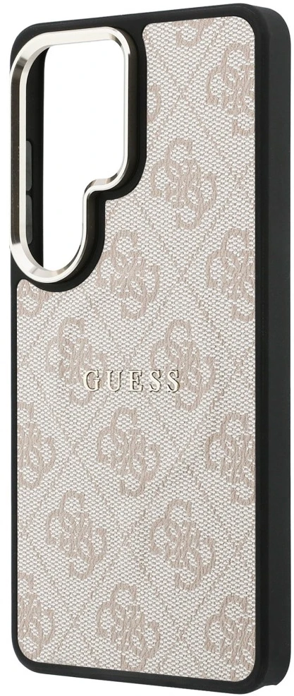Guess PU odos 4G Gold Frame magnetinis dėklas, skirtas Samsung Galaxy S26 Ultra, rožinės spalvos