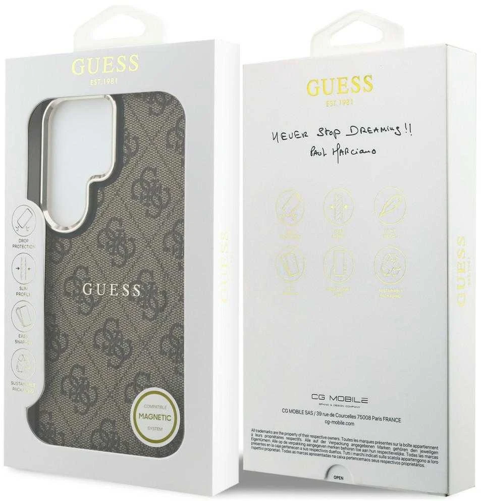 Guess PU Leather 4G Gold Frame Magnetic dėklas skirtas Samsung Galaxy S26 Ultra rudos spalvos