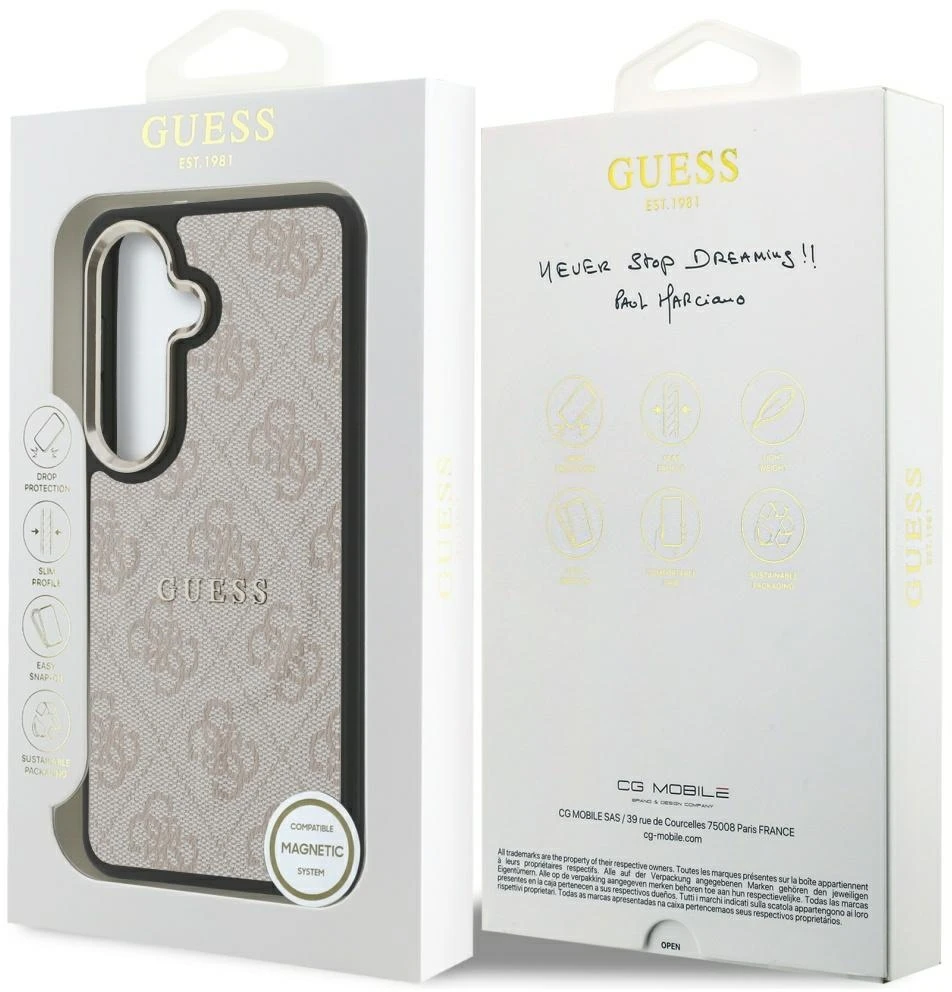 Guess PU Leather 4G Gold Frame Magnetic dėklas skirtas Samsung Galaxy S26 rožinės spalvos