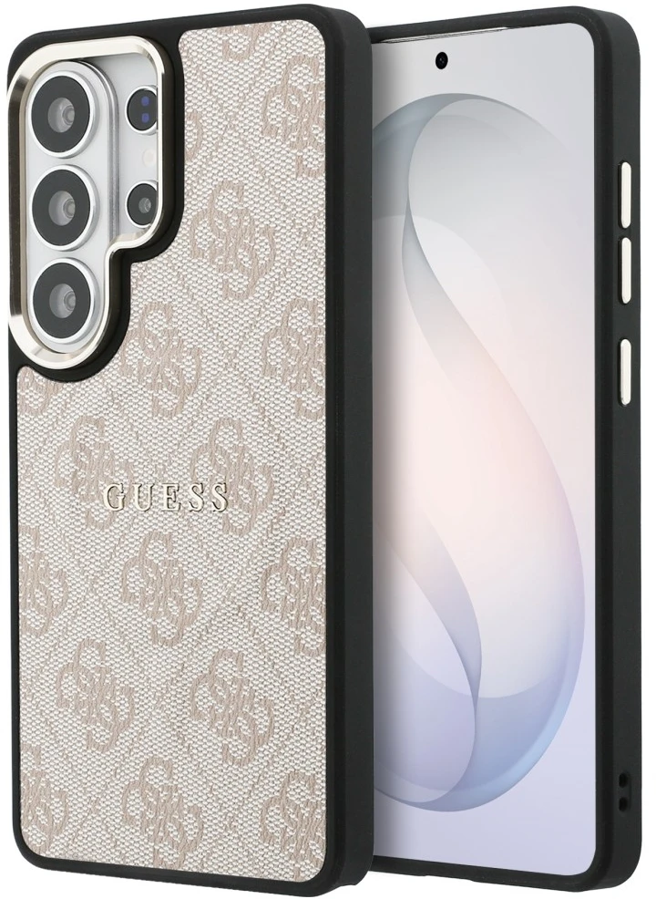 Guess PU odos 4G Gold Frame magnetinis dėklas, skirtas Samsung Galaxy S26 Ultra, rožinės spalvos