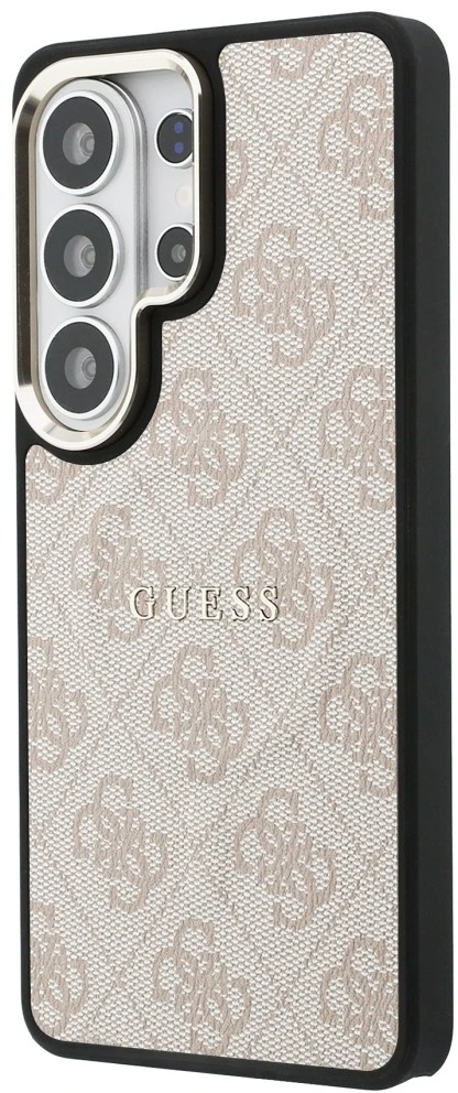 Guess PU odos 4G Gold Frame magnetinis dėklas, skirtas Samsung Galaxy S26 Ultra, rožinės spalvos