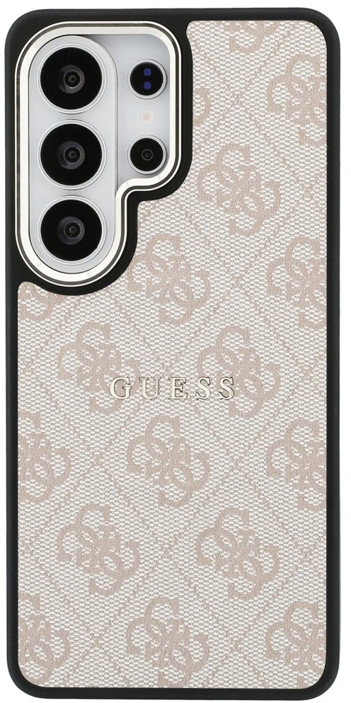 Guess PU odos 4G Gold Frame magnetinis dėklas, skirtas Samsung Galaxy S26 Ultra, rožinės spalvos