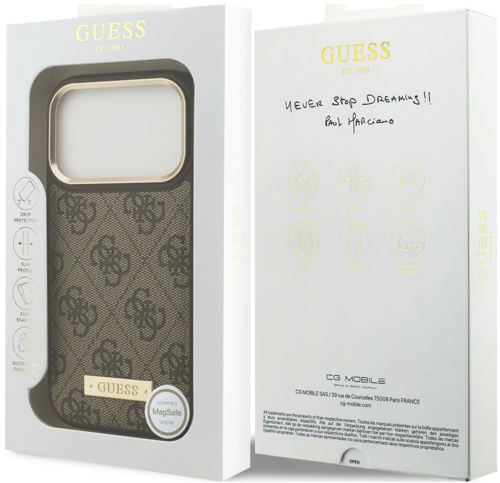 Dėklas Guess 4G Logo Plate MagSafe do iPhone 18 Pro / 17 Pro ruda