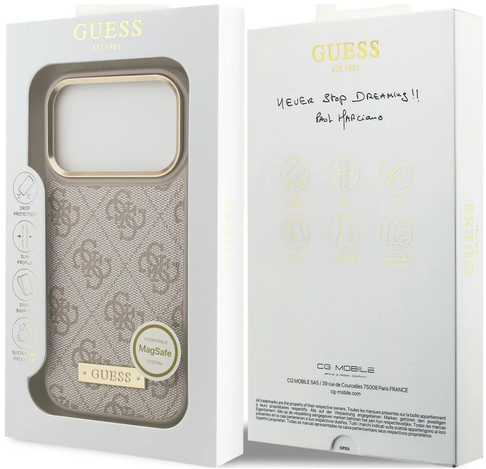 Dėklas Guess 4G Logo Plate MagSafe do iPhone 18 Pro / 17 Pro rožinė