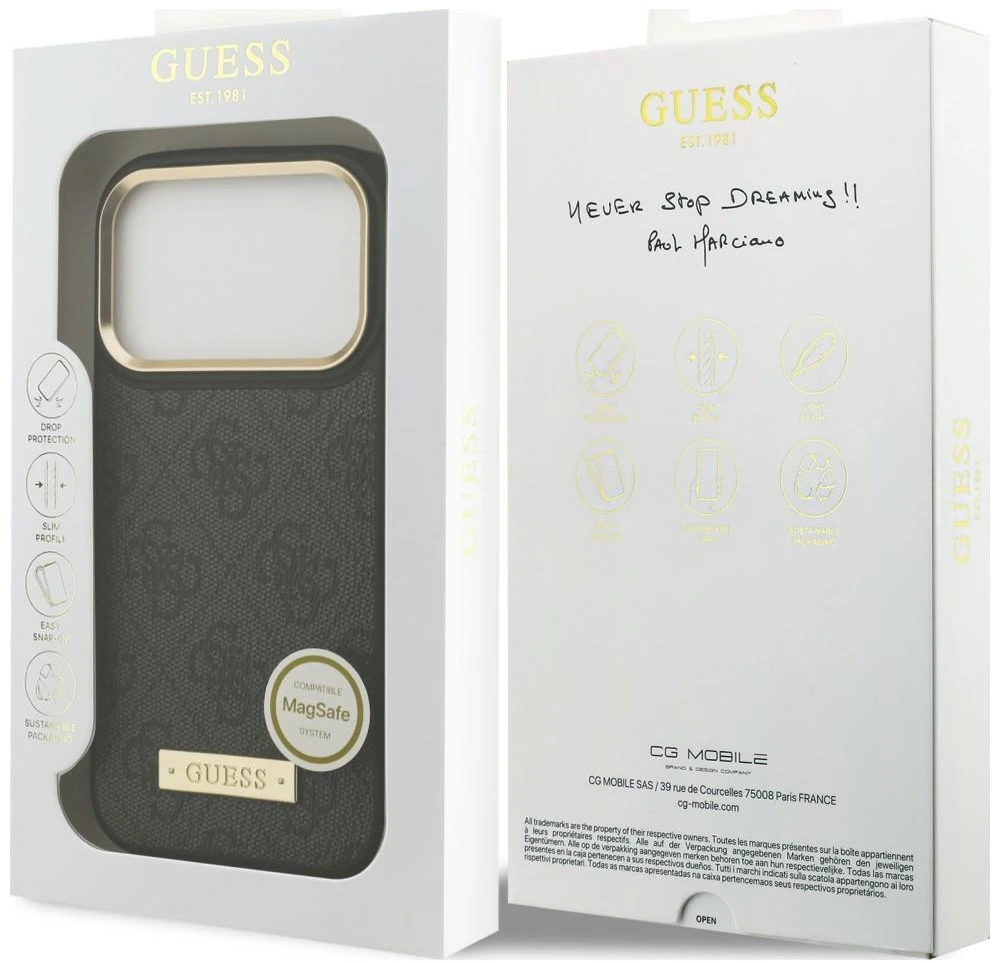 Dėklas Guess 4G Logo Plate MagSafe do iPhone 18 Pro Max / 17 Pro Max juoda