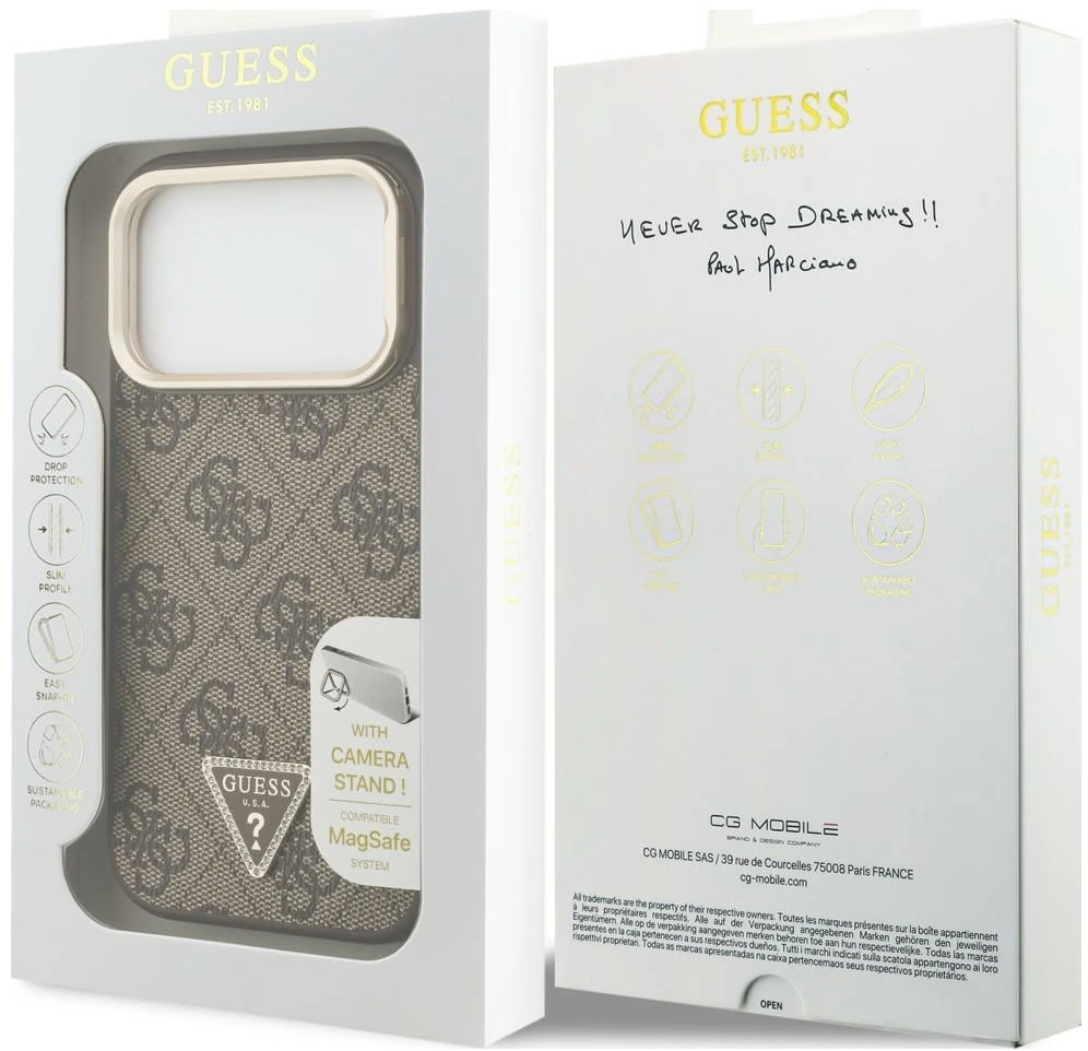 Dėklas Guess 4G PU Triangle Logo & Stand Camera Magsafe do iPhone 18 Pro Max / 17 Pro Max ruda