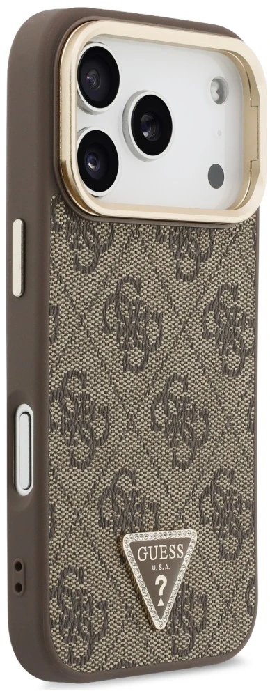 Dėklas Guess 4G PU Triangle Logo & Stand Camera Magsafe do iPhone 18 Pro / 17 Pro ruda