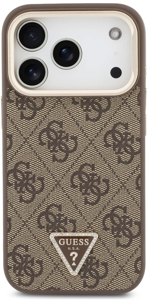 Dėklas Guess 4G PU Triangle Logo & Stand Camera Magsafe do iPhone 18 Pro / 17 Pro ruda