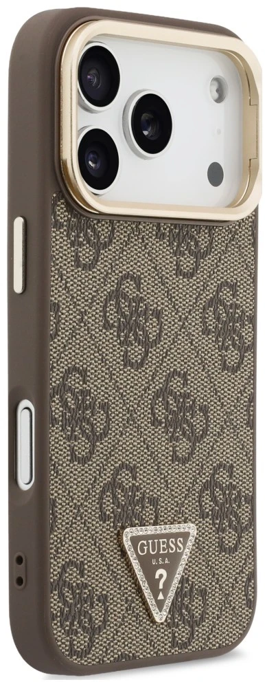 Dėklas Guess 4G PU Triangle Logo & Stand Camera Magsafe do iPhone 18 Pro Max / 17 Pro Max ruda