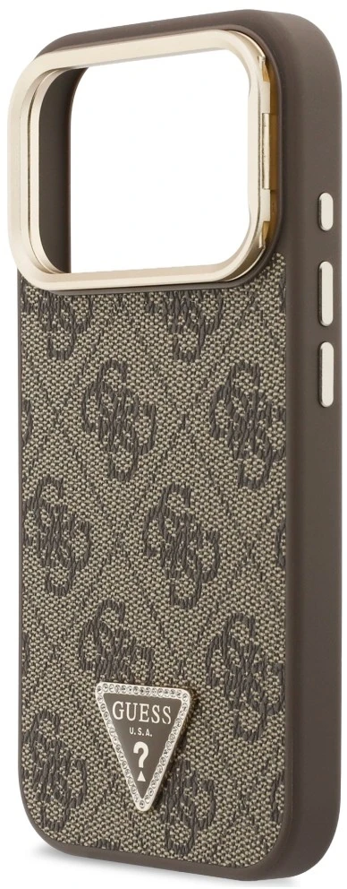 Dėklas Guess 4G PU Triangle Logo & Stand Camera Magsafe do iPhone 18 Pro / 17 Pro ruda