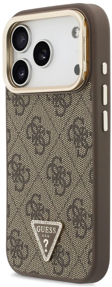 Dėklas Guess 4G PU Triangle Logo & Stand Camera Magsafe do iPhone 18 Pro / 17 Pro ruda