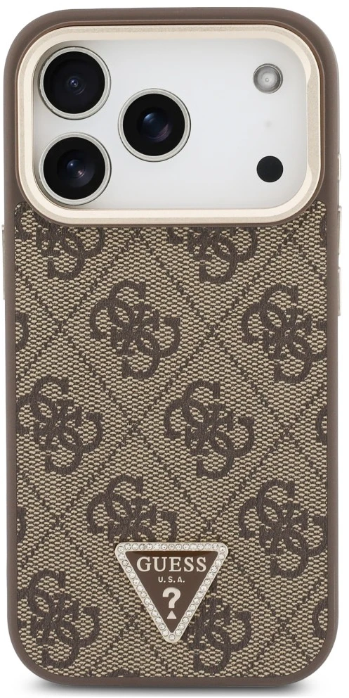 Dėklas Guess 4G PU Triangle Logo & Stand Camera Magsafe do iPhone 18 Pro Max / 17 Pro Max ruda