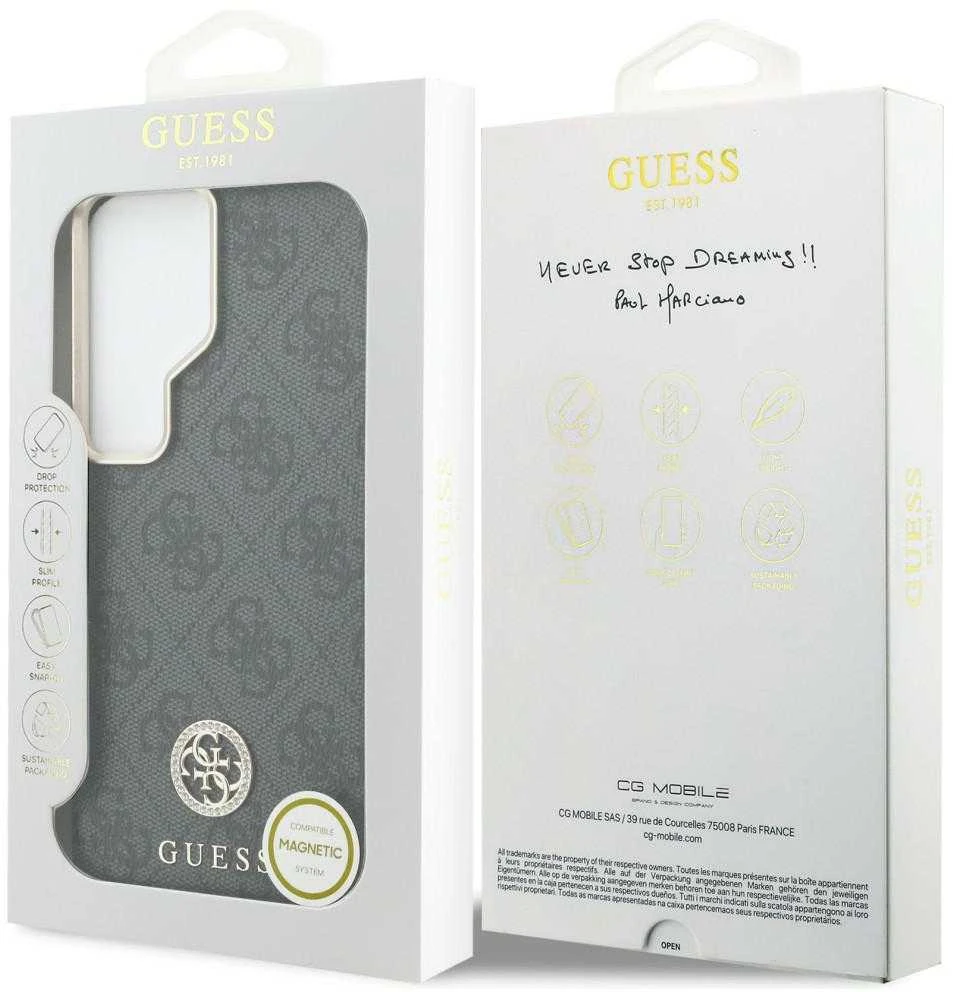 Guess PU Leather 4G Strass Logo Gold Frame Magnetic dėklas skirtas Samsung Galaxy S26 Ultra juodos spalvos