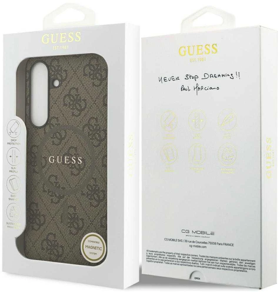 Guess 4G Ring Classic Logo MagSafe dėklas skirtas Samsung Galaxy S25 FE rudos spalvos