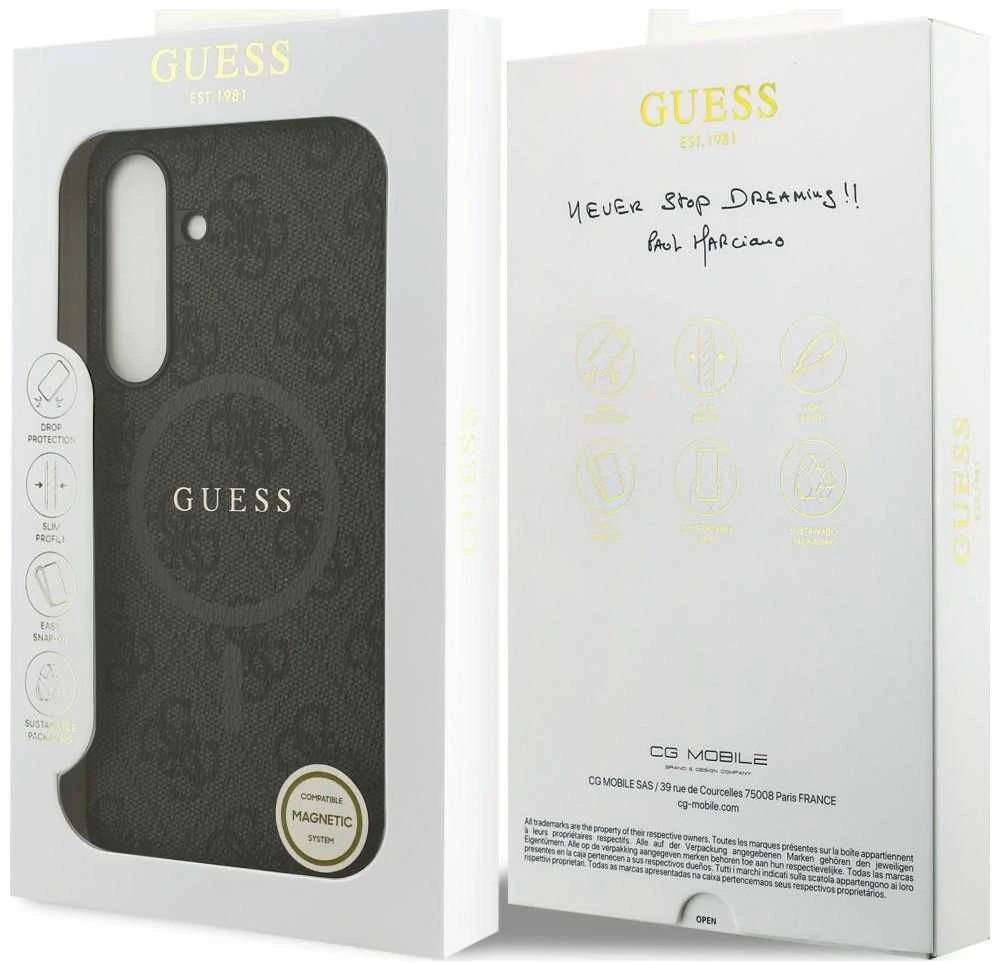 Guess 4G Ring Classic Logo MagSafe dėklas skirtas Samsung Galaxy S25 FE juodos spalvos