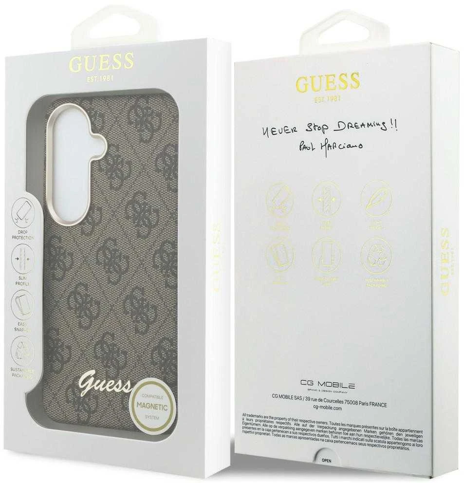 Guess PU 4G Script Metal Logo Magnetic dėklas skirtas Samsung Galaxy S26 rudos spalvos