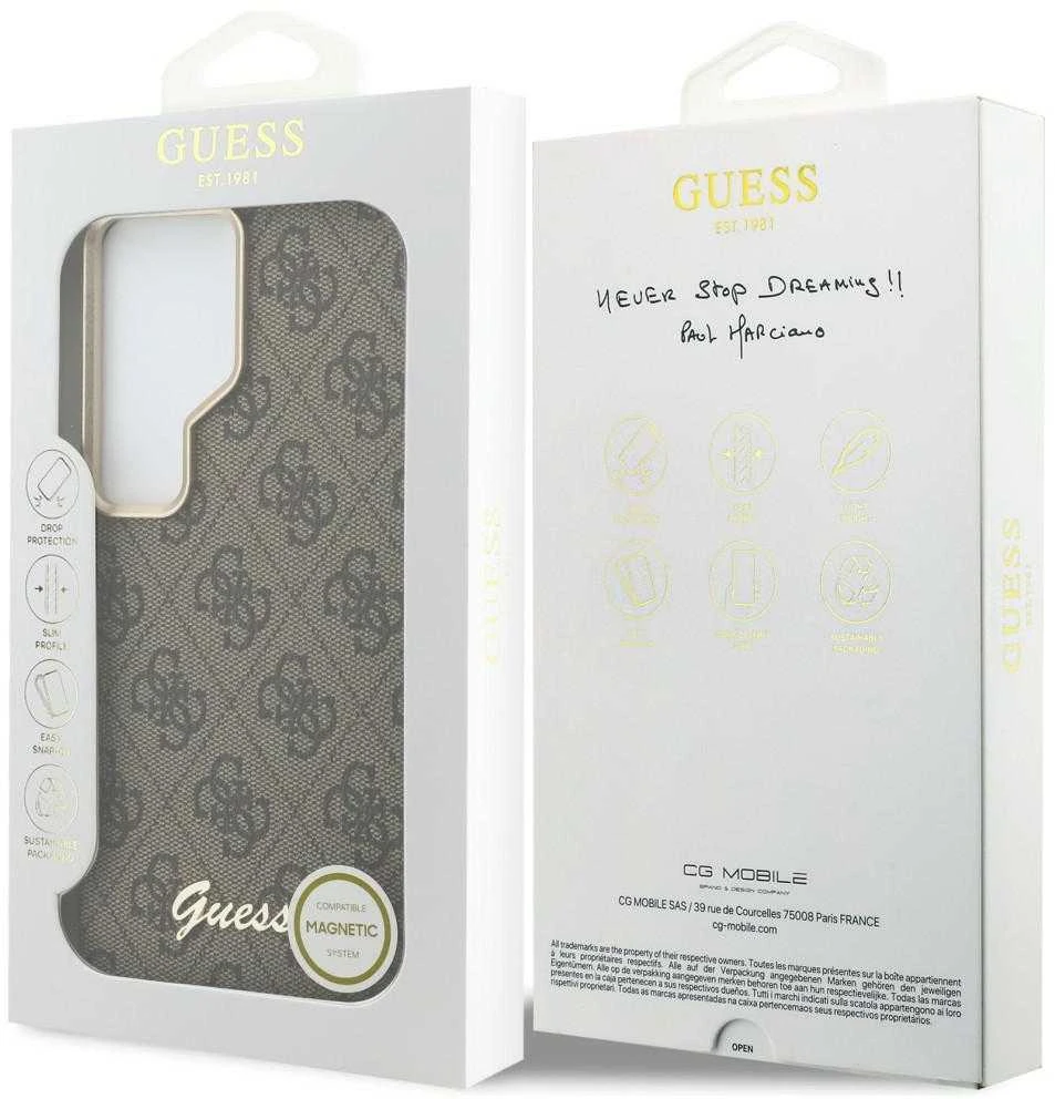 Guess PU 4G Script Metal Logo Magnetic dėklas skirtas Samsung Galaxy S26 Ultra Brown