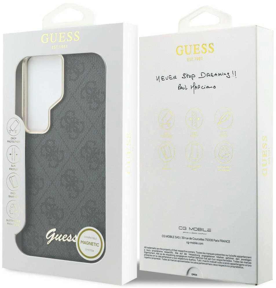 Guess PU 4G Script Metal Logo Magnetic dėklas skirtas Samsung Galaxy S26 Ultra juodos spalvos