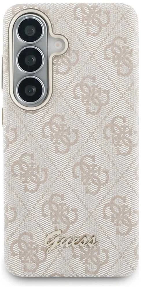 Guess PU 4G Script Metal Logo magnetinis dėklas skirtas Samsung Galaxy S26 rožinės spalvos