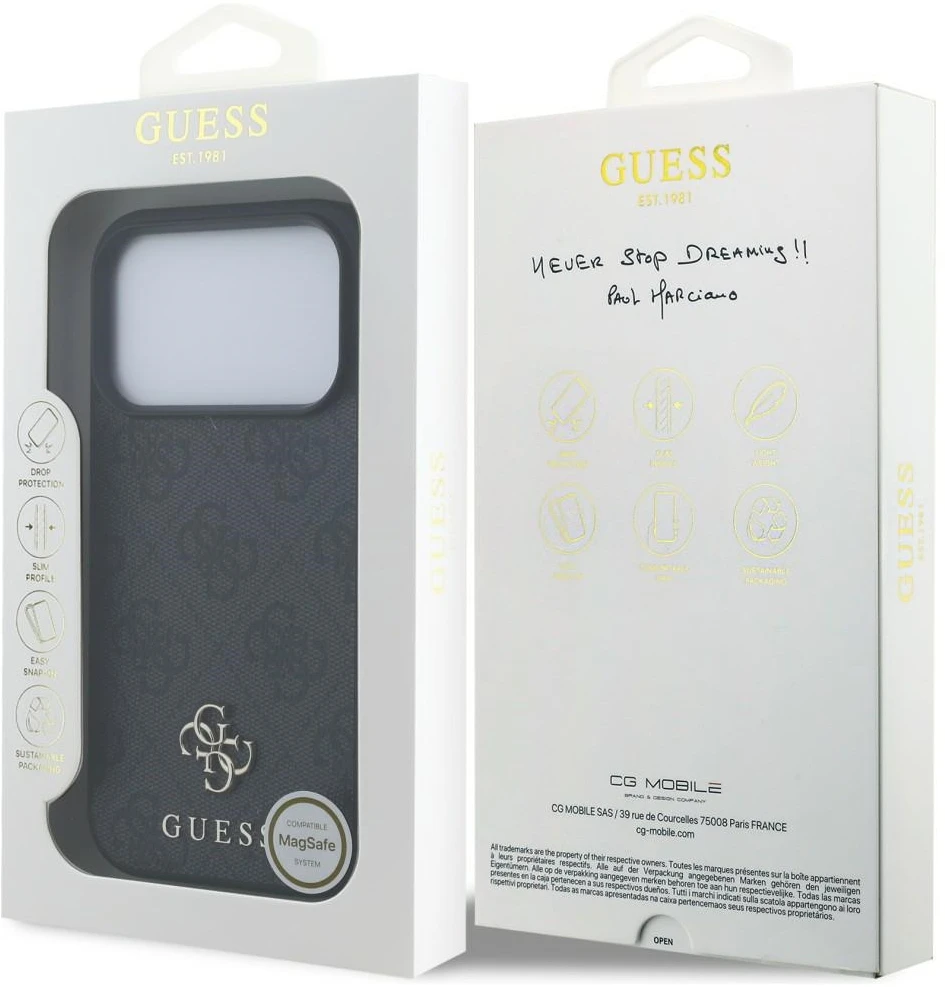 Guess 4G Small Classic Logo MagSafe dėklas, skirtas iPhone 18 Pro / 17 Pro, juodas