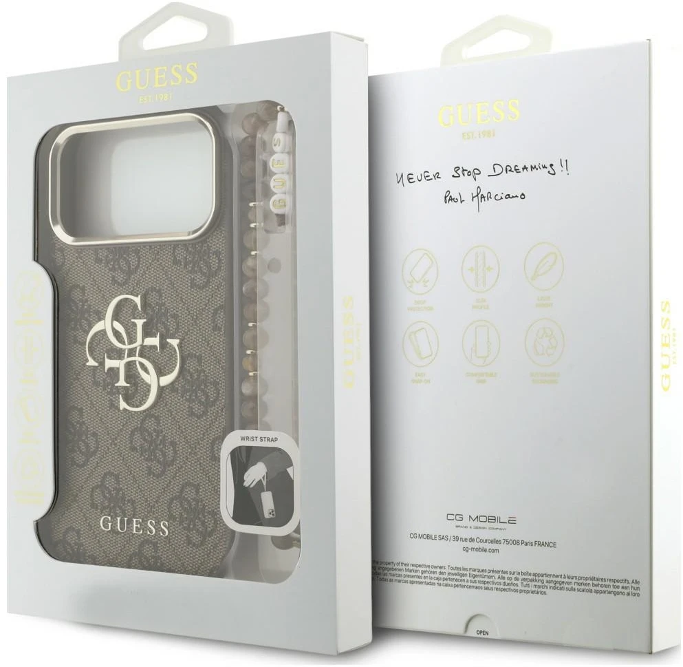 Guess PU 4G Metal Logo dirželio dėklas iPhone 18 Pro Max rudas