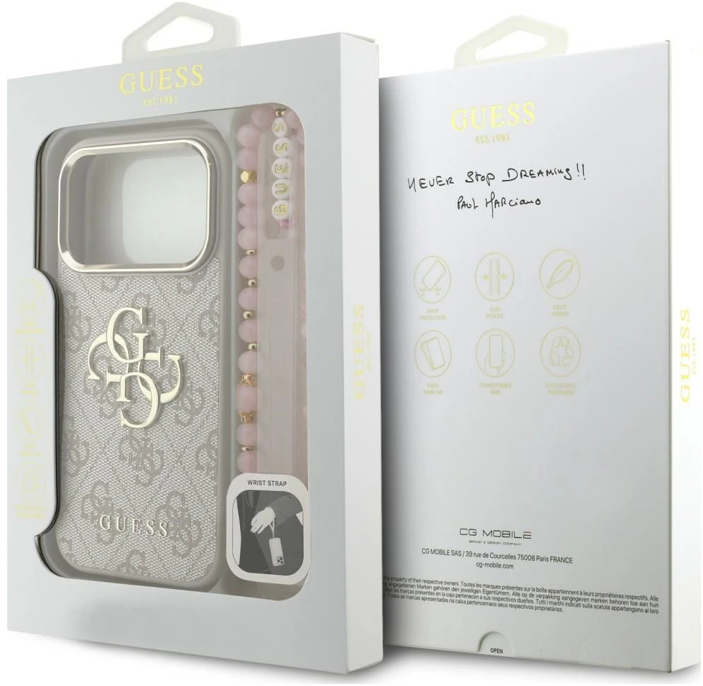 Guess PU 4G Metal Logo dirželio dėklas iPhone 18 Pro rožinis
