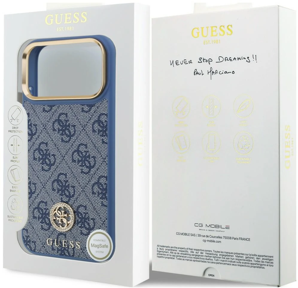 Dėklas Guess 4G Strass Logo MagSafe do iPhone 18 Pro Max / 17 Pro Max mėlyna