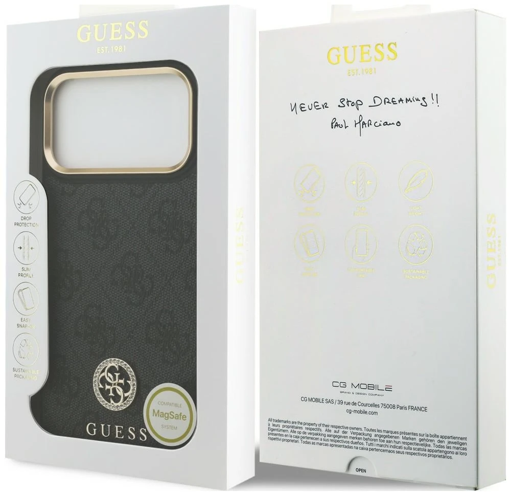 Dėklas Guess 4G Strass Logo MagSafe do iPhone 18 Pro Max / 17 Pro Max juoda