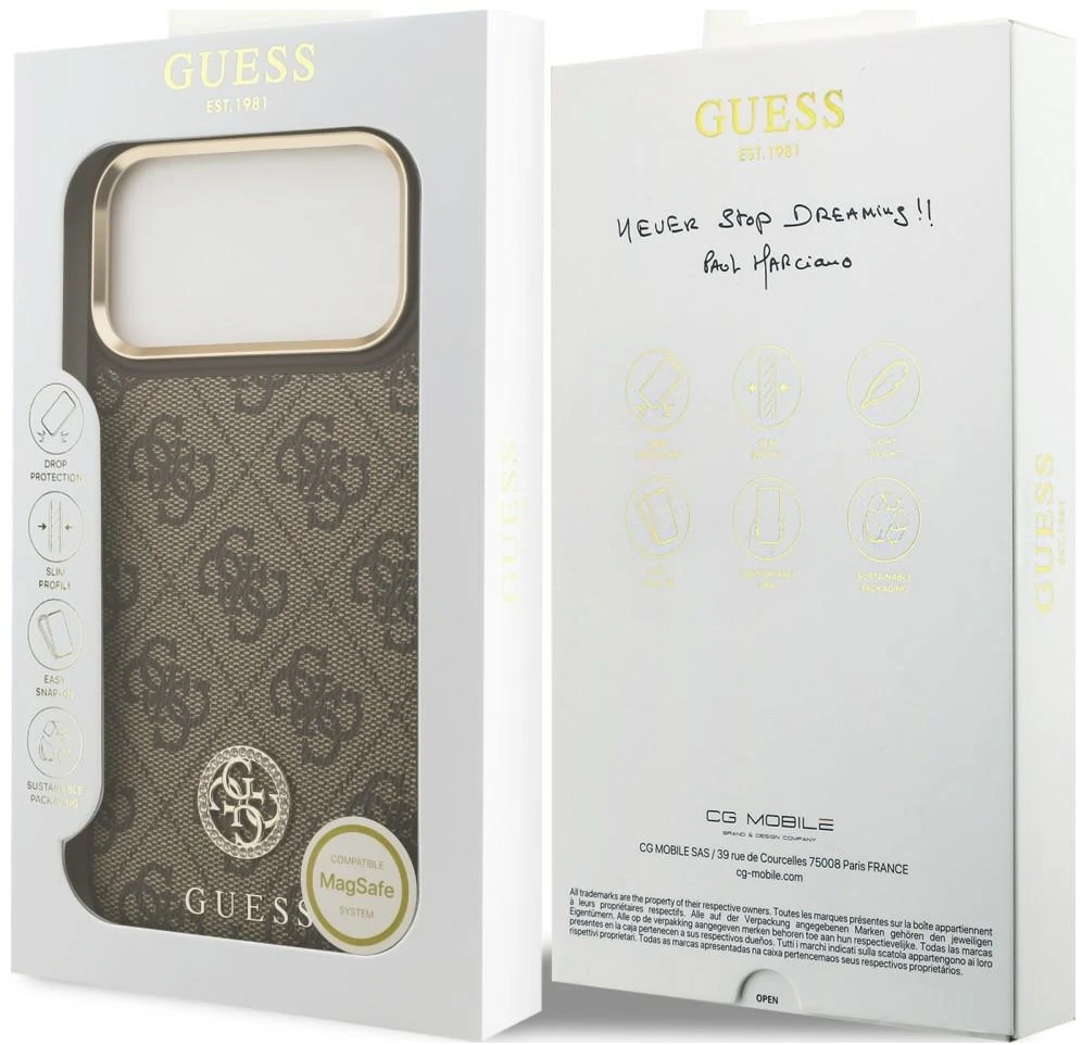 Dėklas Guess 4G Strass Logo MagSafe do iPhone 18 Pro Max / 17 Pro Max ruda