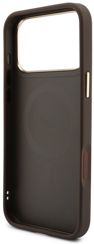 Dėklas Guess 4G su portfelem i smyczą MagSafe do iPhone 18 Pro / 17 Pro ruda
