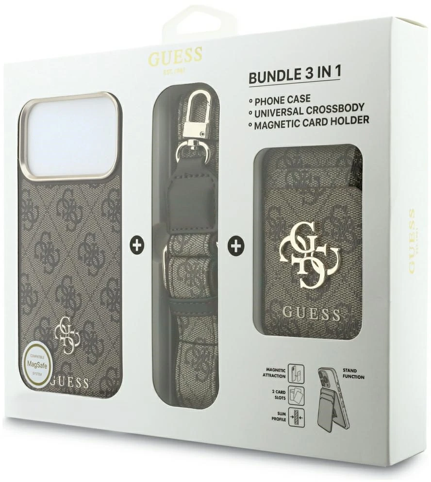Dėklas Guess 4G su portfelem i smyczą MagSafe do iPhone 18 Pro / 17 Pro ruda