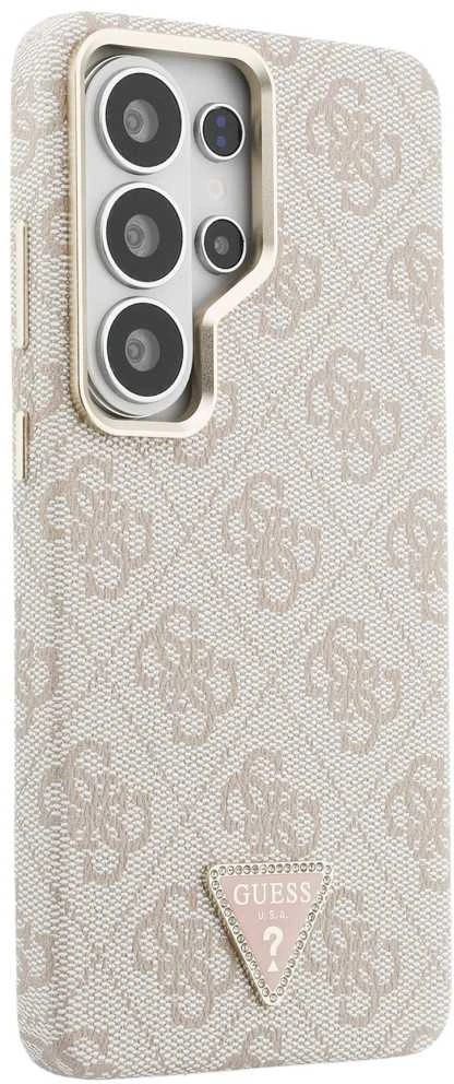 Guess PU Leather 4G Strass Triangle Logo Gold Frame Magnetic dėklas skirtas Samsung Galaxy S26 Ultra rožinės spalvos