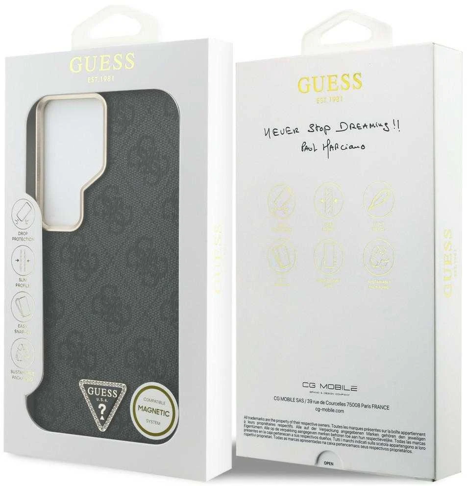 Guess PU Leather 4G Strass Triangle Logo Gold Frame Magnetic dėklas skirtas Samsung Galaxy S26 Ultra juodos spalvos