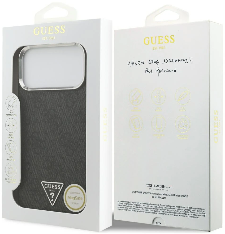 Dėklas Guess 4G Triangle Logo MagSafe Case for iPhone 17 Pro Max / 18 Pro Max - Juodas & Sidabrinis
