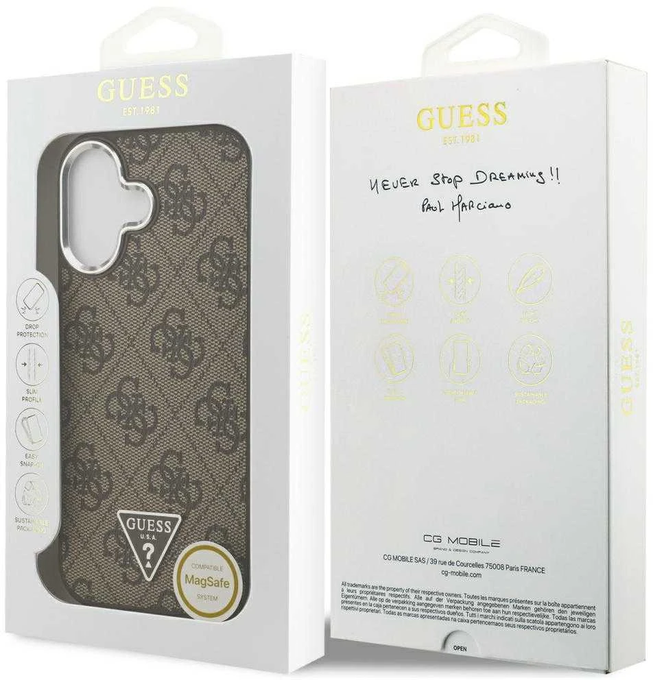 GUESS dėklas, skirtas IPHONE 17, suderinamas su „MagSafe“ GUHMP17SP4TSRCMW (PU 4G su trikampio logotipu SL), ruda