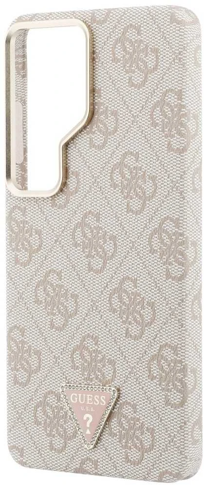 Guess PU Leather 4G Strass Triangle Logo Gold Frame Magnetic dėklas skirtas Samsung Galaxy S26 Ultra rožinės spalvos