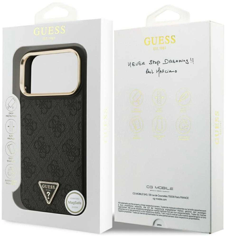 Guess PU Leather 4G Strass Triangle Logo Gold Frame MagSafe dėklas skirtas Apple iPhone 17 Pro Max juodos spalvos