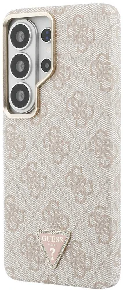 Guess PU Leather 4G Strass Triangle Logo Gold Frame Magnetic dėklas skirtas Samsung Galaxy S26 Ultra rožinės spalvos