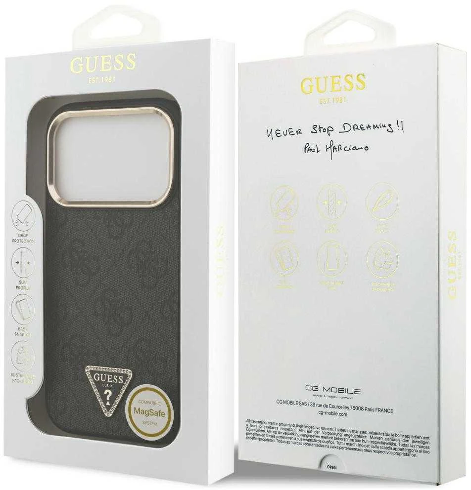 Guess PU Leather 4G Strass Triangle Logo Gold Frame MagSafe dėklas skirtas Apple iPhone 17 Pro juodos spalvos