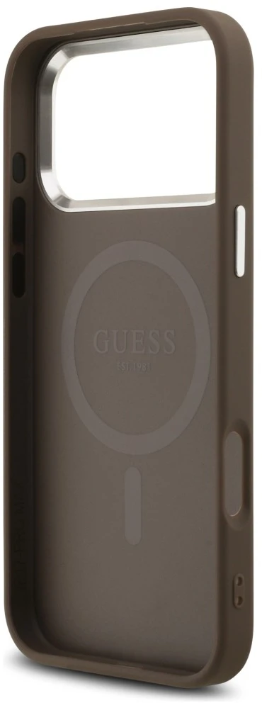 Guess 4G Triangle Logo MagSafe dėklas, skirtas iPhone 18 Pro Max / 17 Pro Max, rudas, sidabrinis