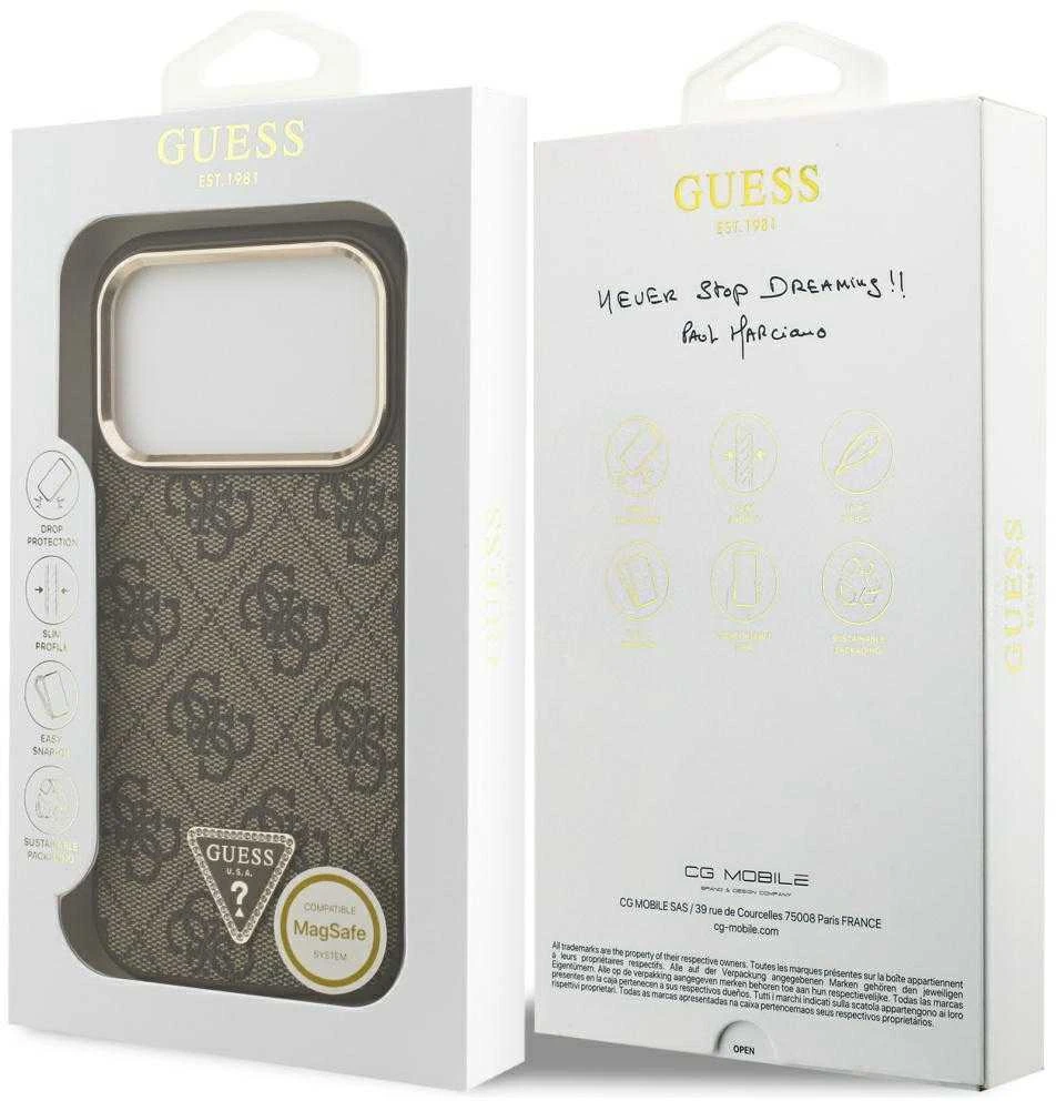 Guess PU Leather 4G Strass Triangle Logo Gold Frame MagSafe dėklas skirtas Apple iPhone 17 Pro rudos spalvos