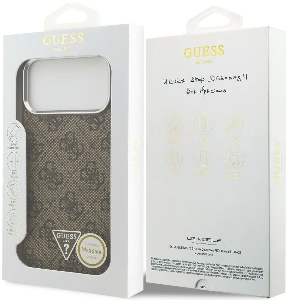 Guess 4G Triangle Logo MagSafe dėklas, skirtas iPhone 18 Pro Max / 17 Pro Max, rudas, sidabrinis