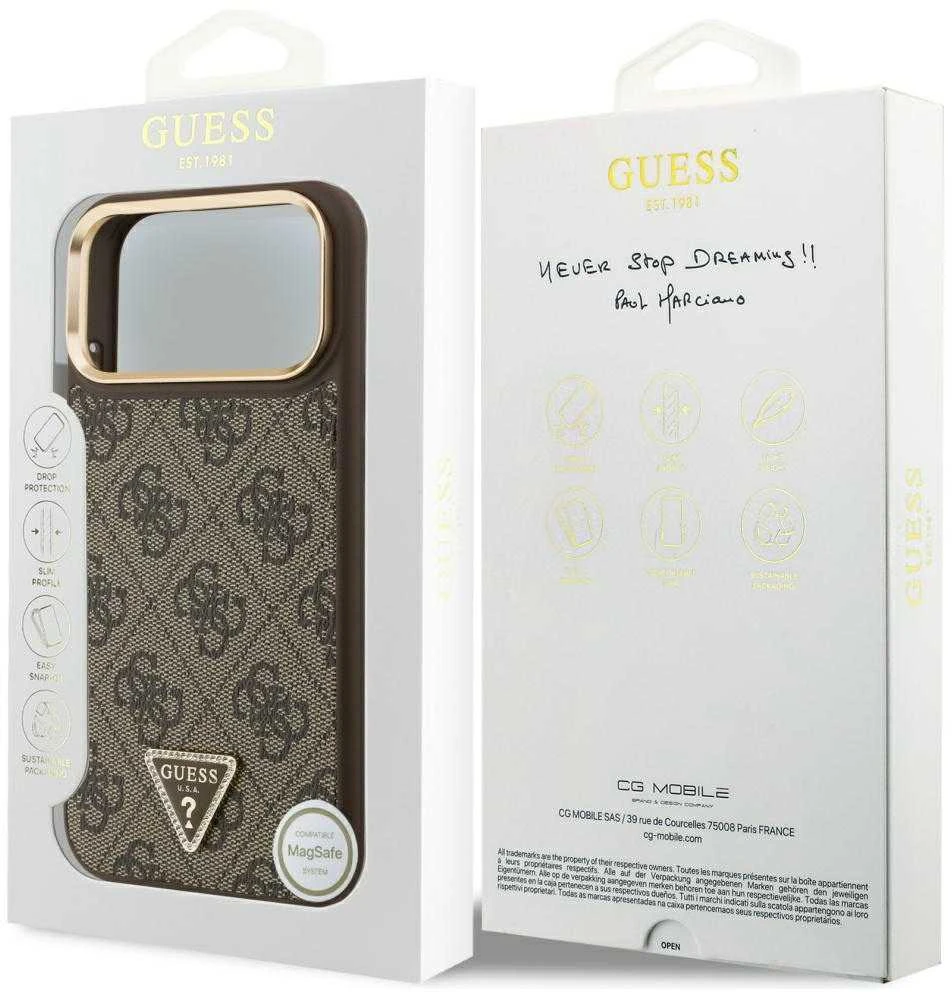 Guess PU Leather 4G Strass Triangle Logo Gold Frame MagSafe dėklas skirtas Apple iPhone 17 Pro Max rudos spalvos