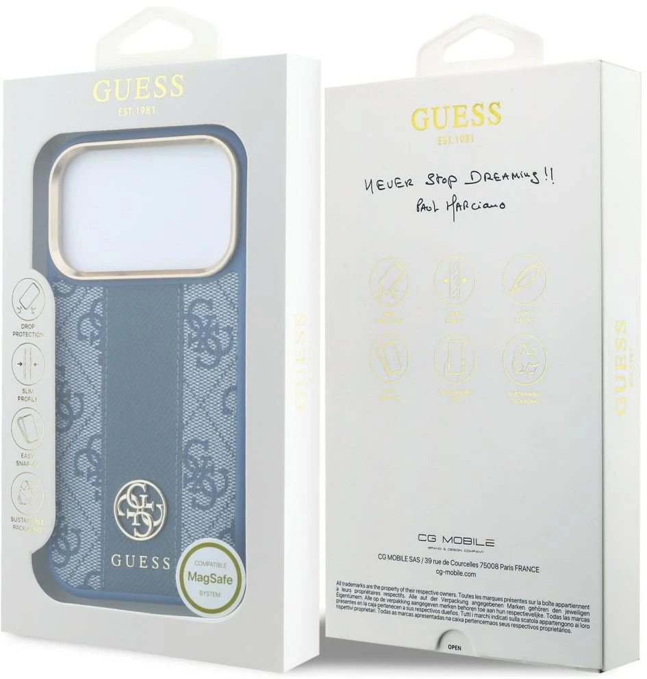 Dėklas Guess 4G with Stripe Round and Classic Logos MagSafe do iPhone 18 Pro / 17 Pro mėlyna