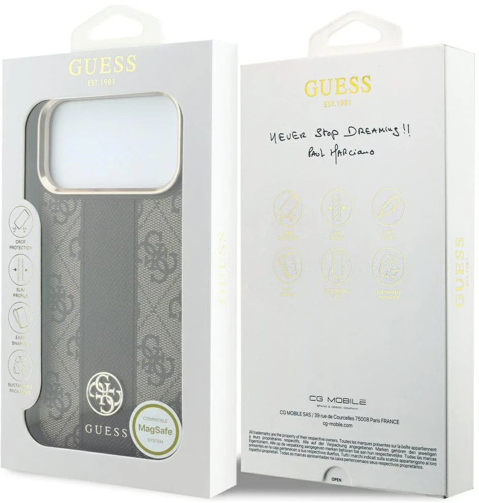 Dėklas Guess 4G with Stripe Round and Classic Logos MagSafe do iPhone 18 Pro / 17 Pro ruda