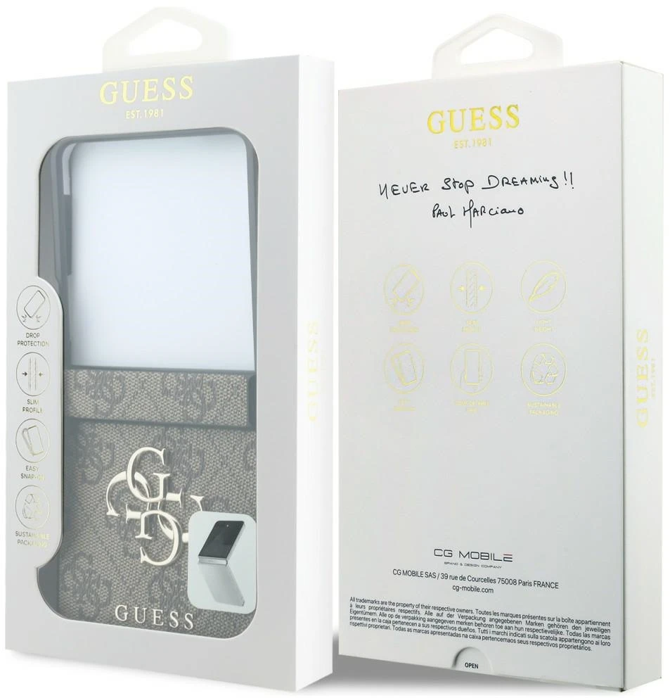 Guess PU 4G Metal Logo dėklas Samsung Galaxy Z Flip 8 rudos spalvos